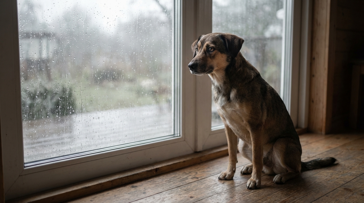 Un chien au regard mélancolique observe la pluie tomber à travers une fenêtre, symbolisant la solitude et la perte.