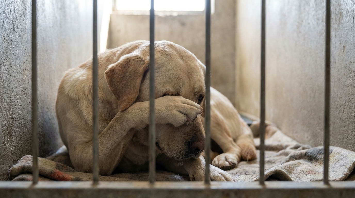 Un chien au cœur brisé, recroquevillé dans son box de refuge, se couvre délicatement un œil avec sa patte, l'air triste.