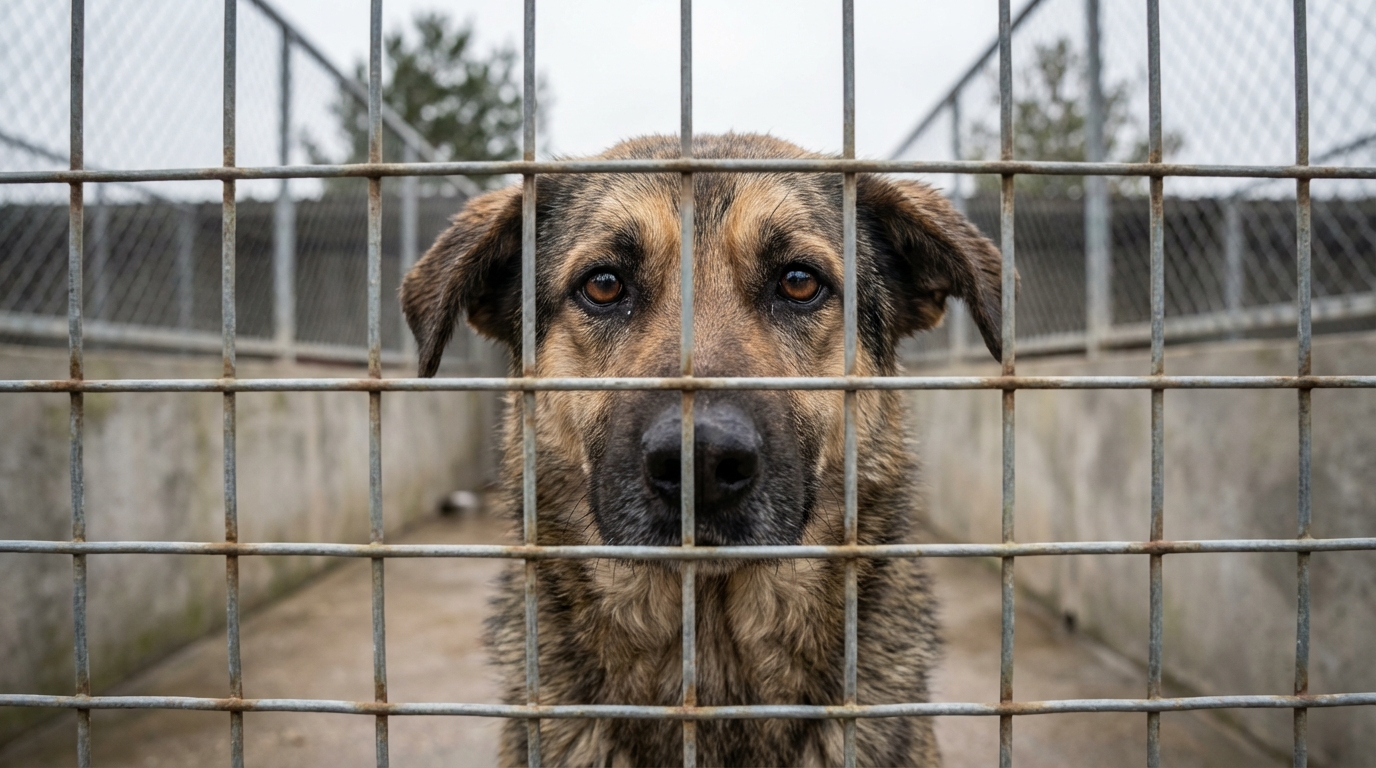 Un chien au regard mélancolique derrière le grillage d'un box de refuge, symbolisant l'abandon et l'attente de justice.