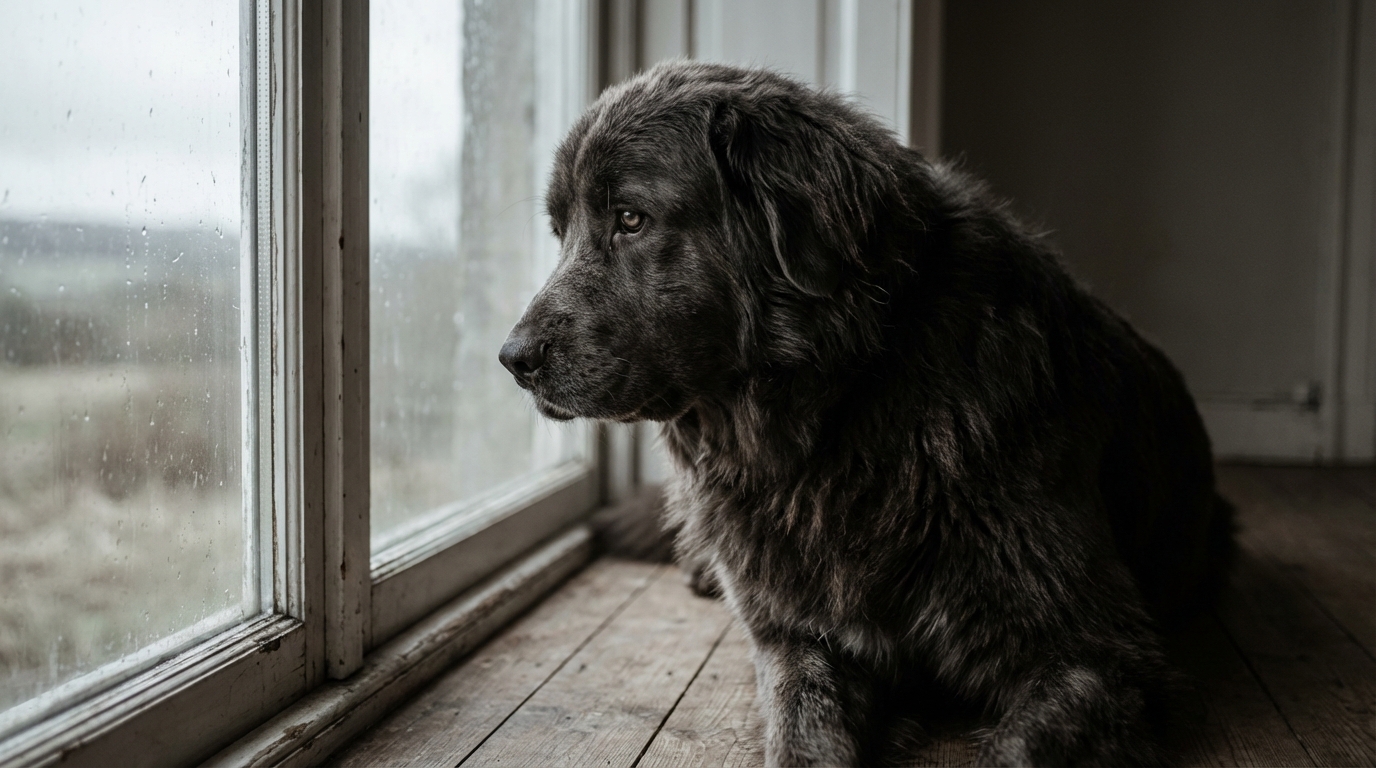 Un chien au regard mélancolique, assis derrière une vitre, symbolisant l'attente de justice pour les animaux maltraités.