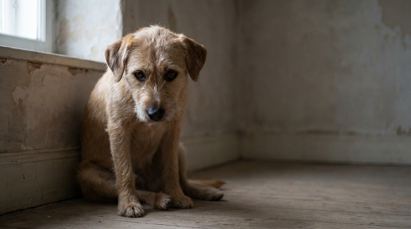 Un chien au regard triste et implorant, symbolisant les victimes de maltraitance animale qui attendent que justice soit faite pour eux.