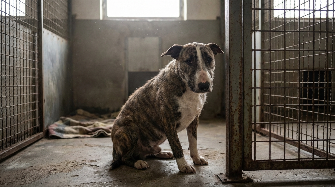 Un chien de type croisé au regard mélancolique, assis seul derrière les barreaux d'un enclos de refuge, symbolisant une attente pleine d'espoir.