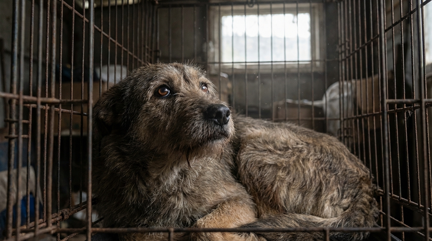 Un chien au regard triste et implorant vu à travers les barreaux d'une cage, symbolisant la souffrance de la maltraitance animale.