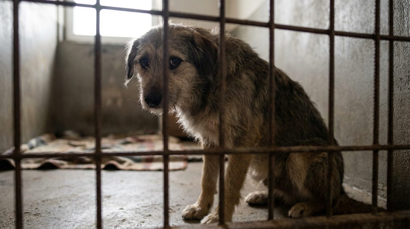 Un chien au regard triste et apeuré, visiblement secouru, se tenant derrière les barreaux d'une cage de refuge en attendant une nouvelle famille.