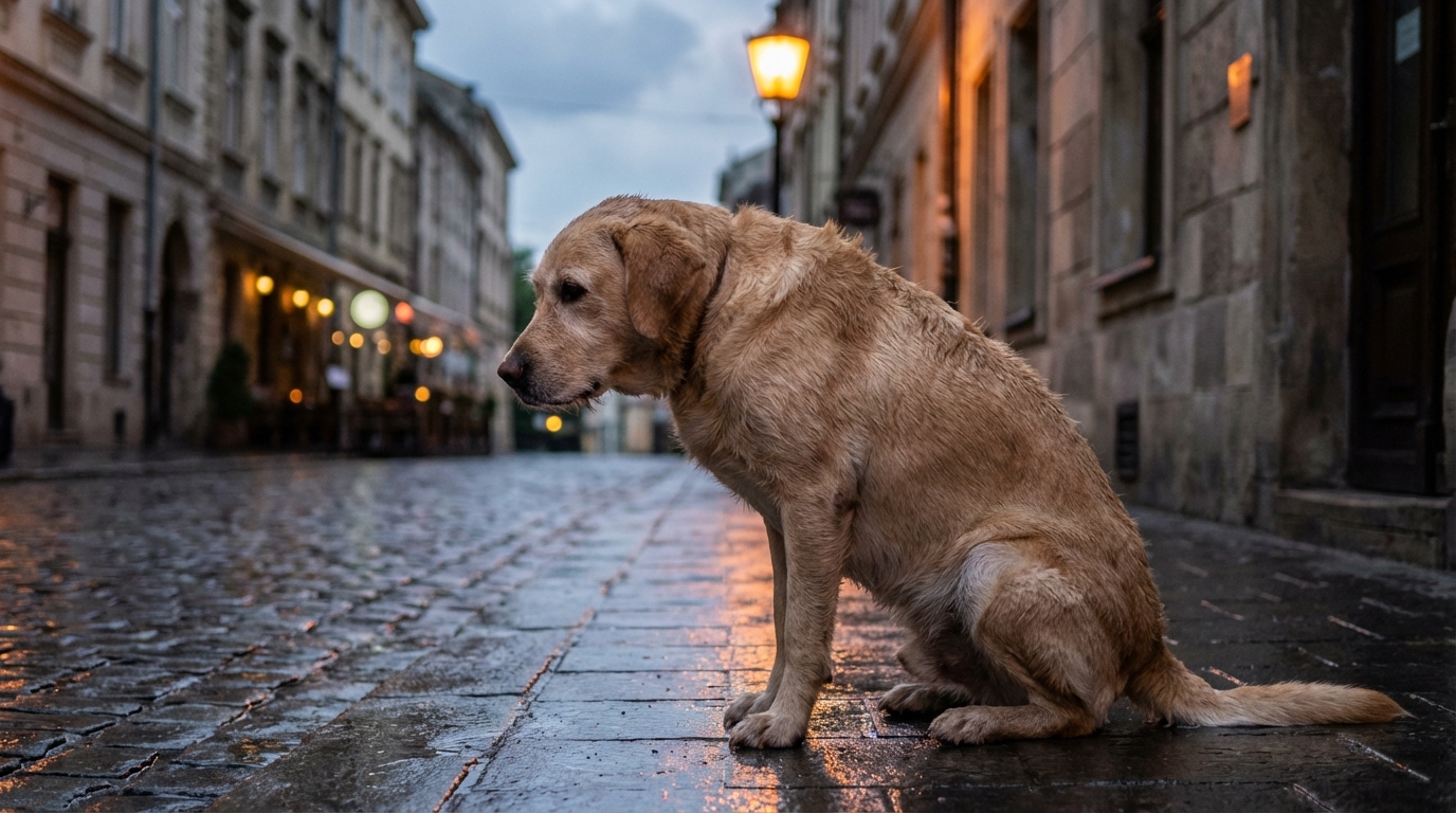 Un chien au regard mélancolique est assis seul sur un trottoir, symbolisant la solitude et le drame de l'abandon d'un animal de compagnie.