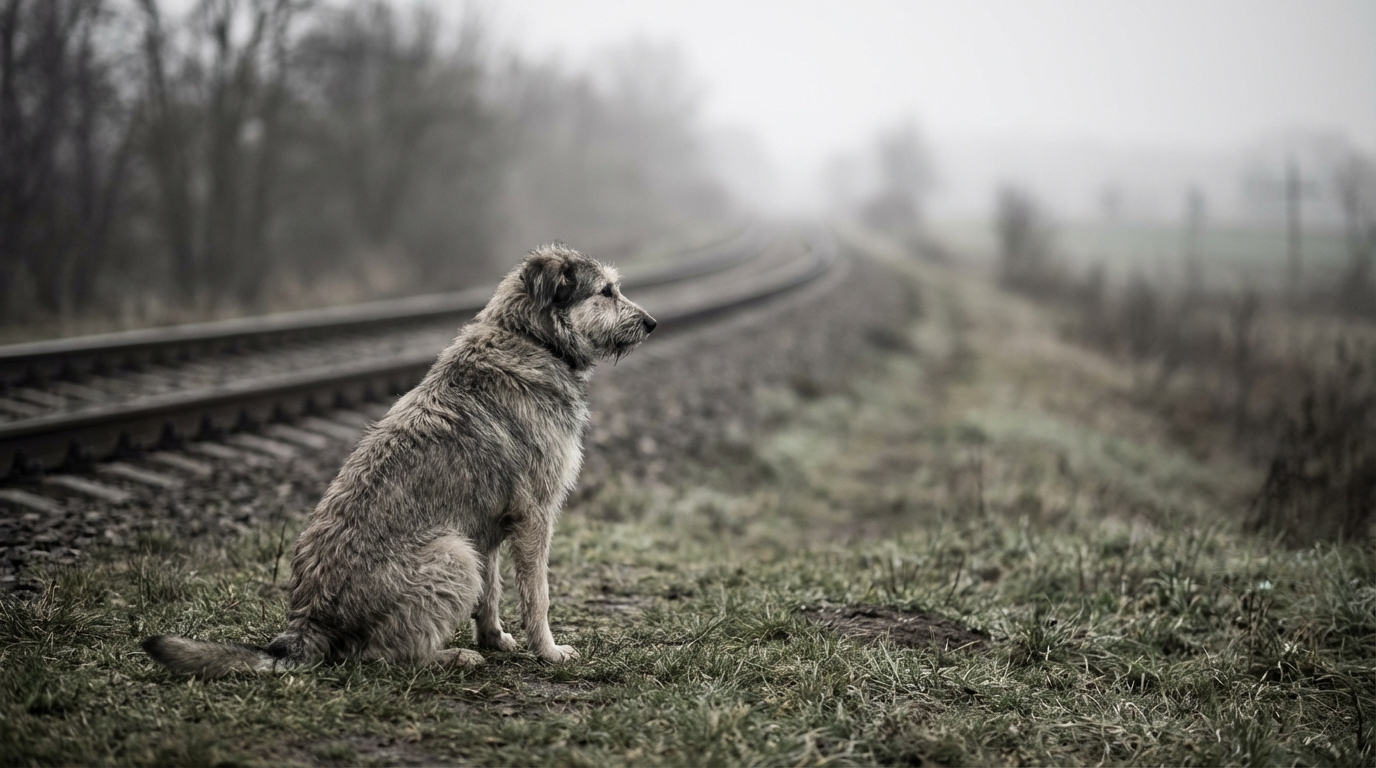 Un gros chien au regard mélancolique assis seul près de rails de chemin de fer, symbolisant le danger et la tristesse de l'accident.
