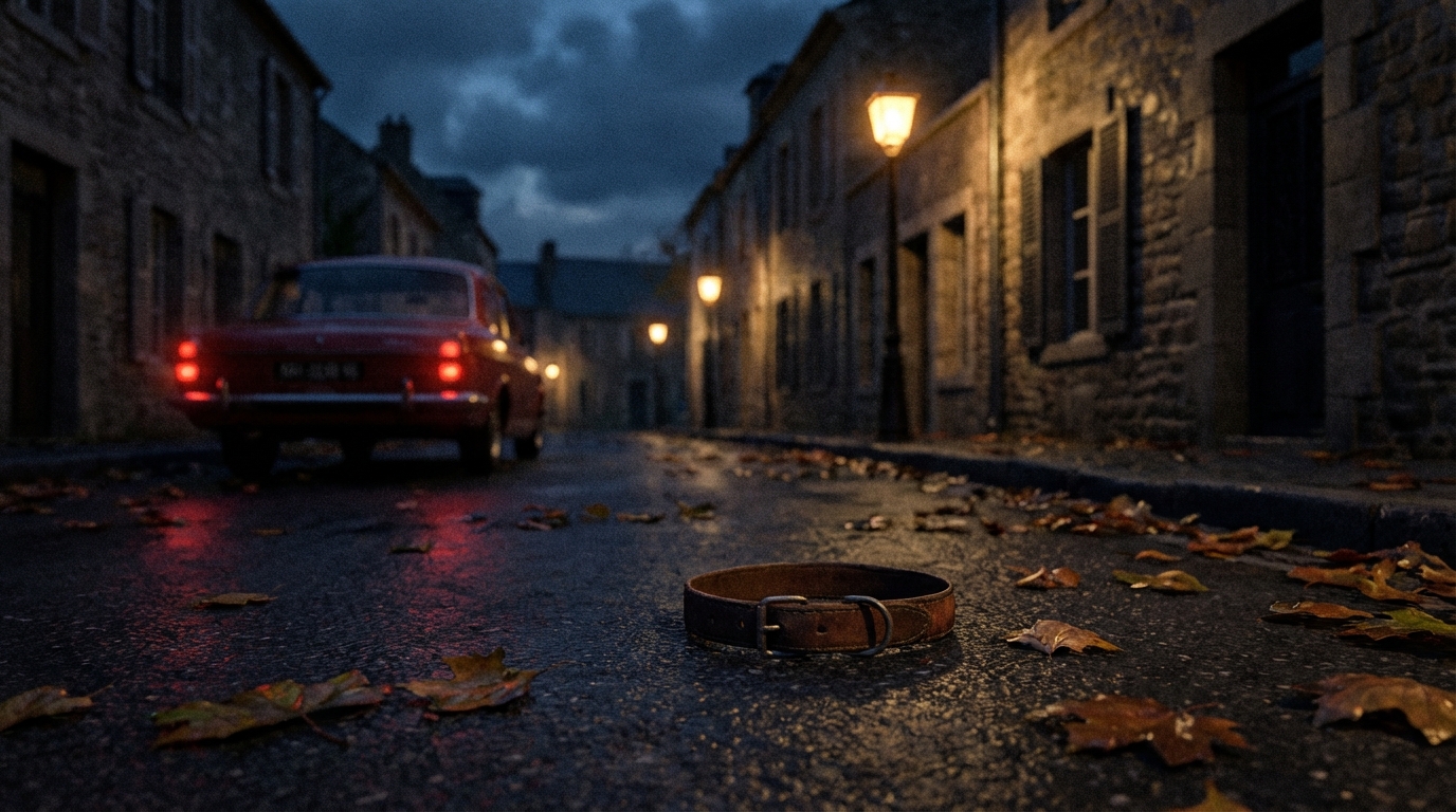 Un collier de chien abîmé posé sur le bitume d'une rue sombre la nuit, symbolisant l'abandon et la cruauté animale.