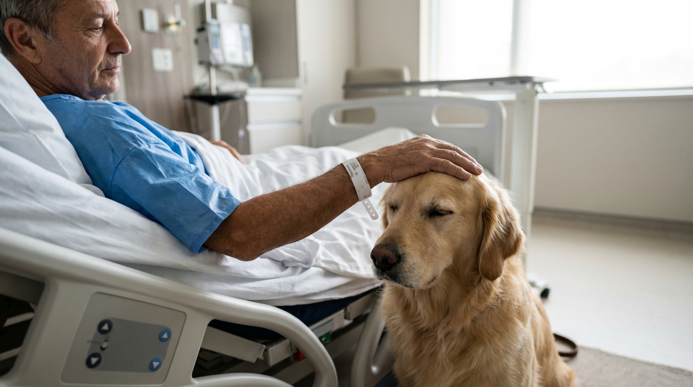 Un chien de compagnie regarde avec amour son maître alité dans une chambre d'hôpital, apportant un moment de réconfort et de tendresse.
