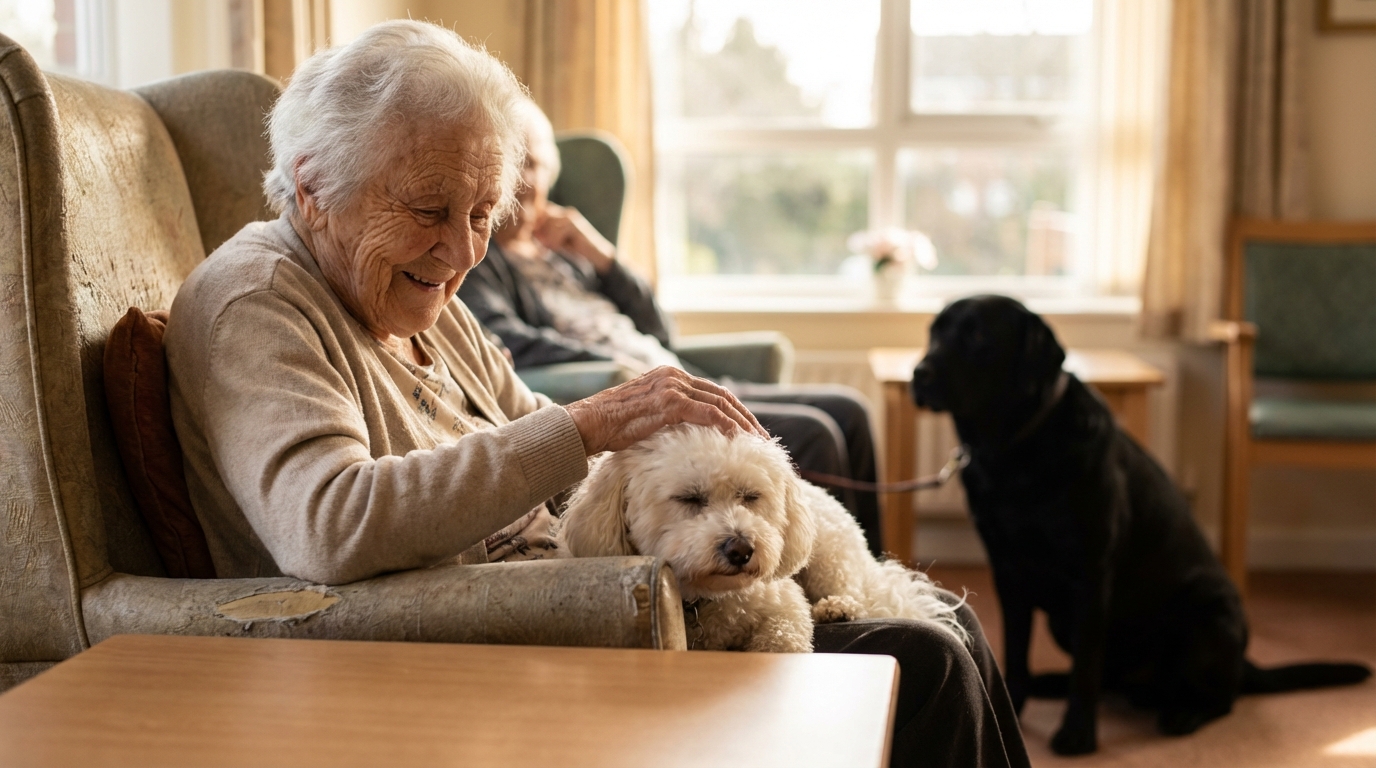 Une femme âgée assise dans un fauteuil sourit tendrement en caressant un petit chien bichon blanc posé sur une table devant elle.