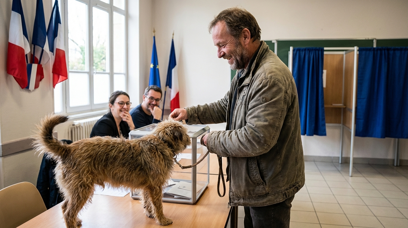 Un chien de taille moyenne est tenu par son maître devant une urne électorale dans un bureau de vote, sous le regard amusé des personnes présentes.