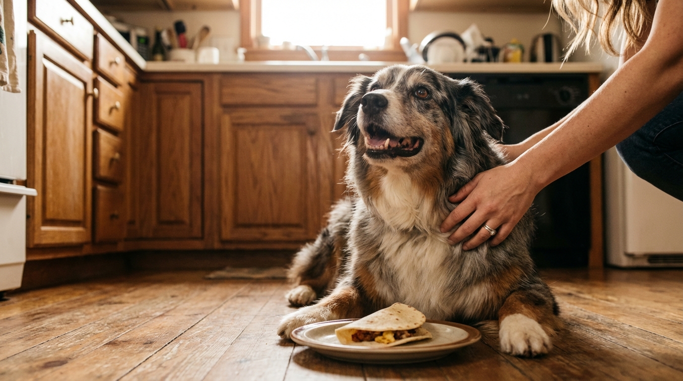 Une vieille chienne Berger Australien au regard attendrissant, assise à côté de sa maîtresse dans un salon chaleureux.