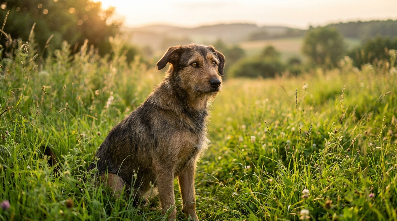 Une chienne de type berger au pelage marron et noir, assise dans l'herbe et regardant avec un air soulagé et reconnaissant.