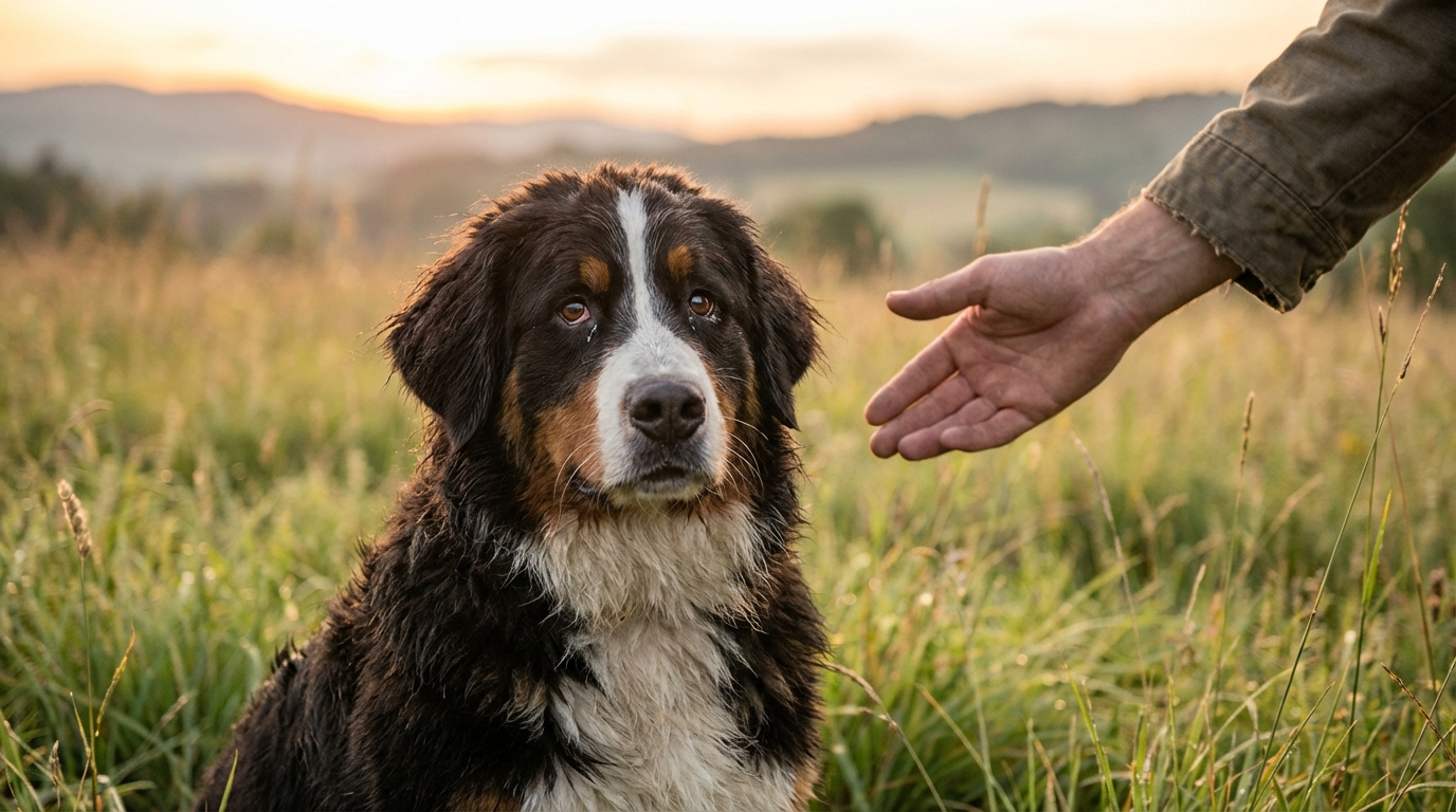 Jeune chienne Bouvier Bernois au regard triste mais plein d'espoir, secourue après son abandon dans la Somme.