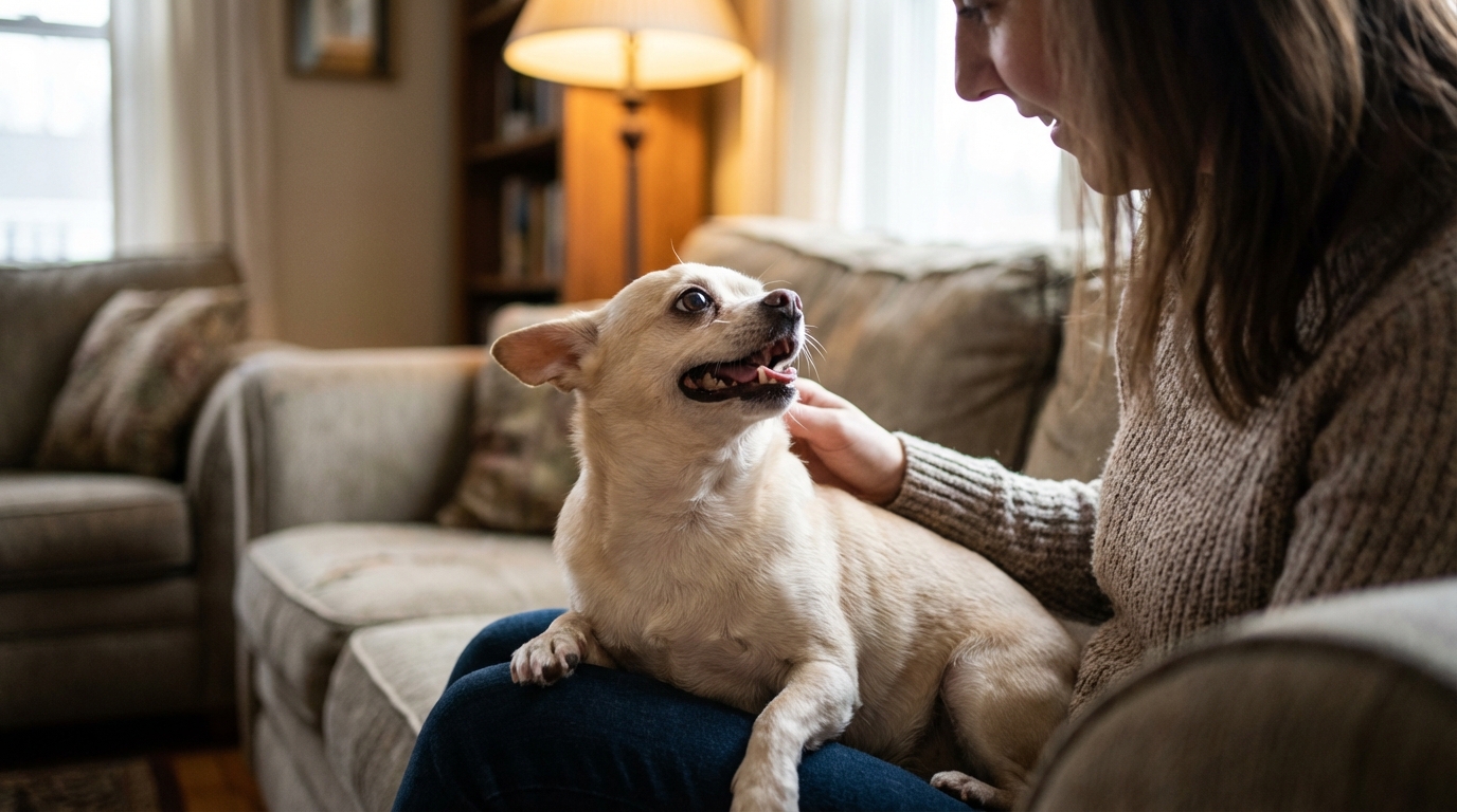 Une petite chienne de race Chihuahua est assise sur les genoux d'une femme et semble sourire, exprimant son bonheur d'être sauvée.
