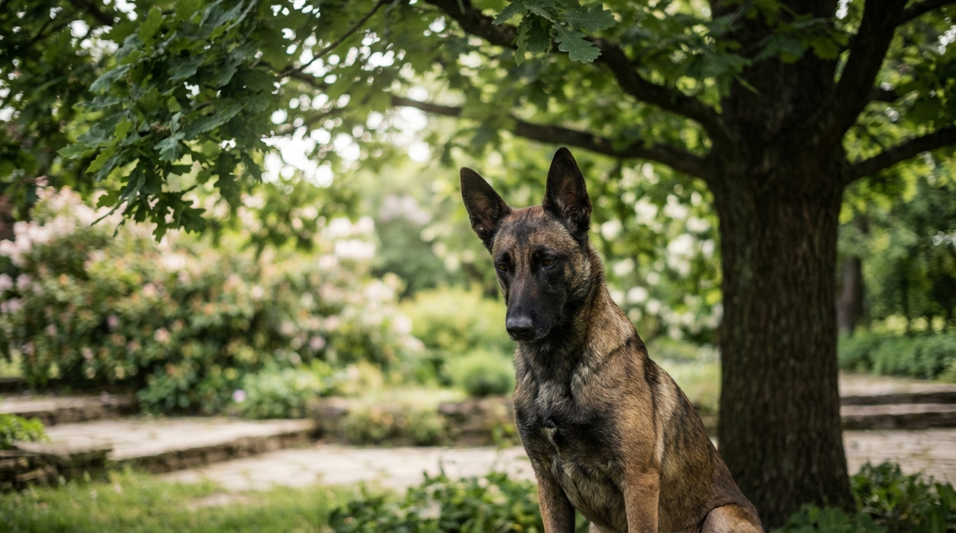 Une chienne de race Berger Belge Malinois assise dans l'herbe, avec une expression pensive et douce dans les yeux.