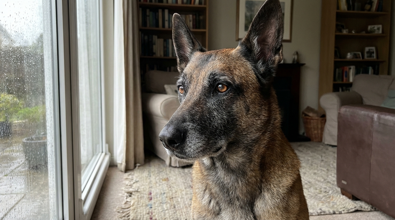 Une chienne de race Berger Belge Malinois regarde au loin avec une expression de tristesse, symbolisant la victime innocente d'un conflit.