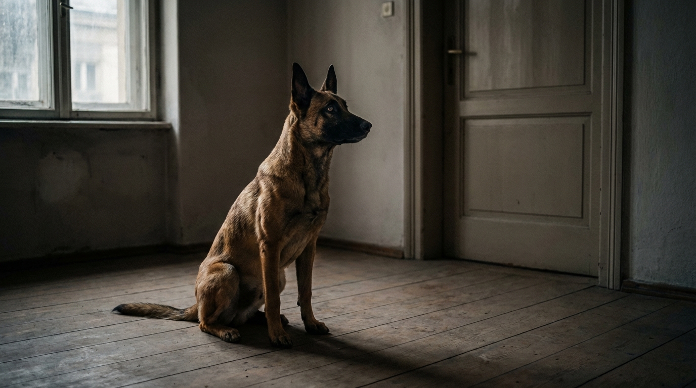 Une jeune chienne de race berger malinois regarde tristement par la fenêtre d'un appartement vide, symbolisant l'abandon.