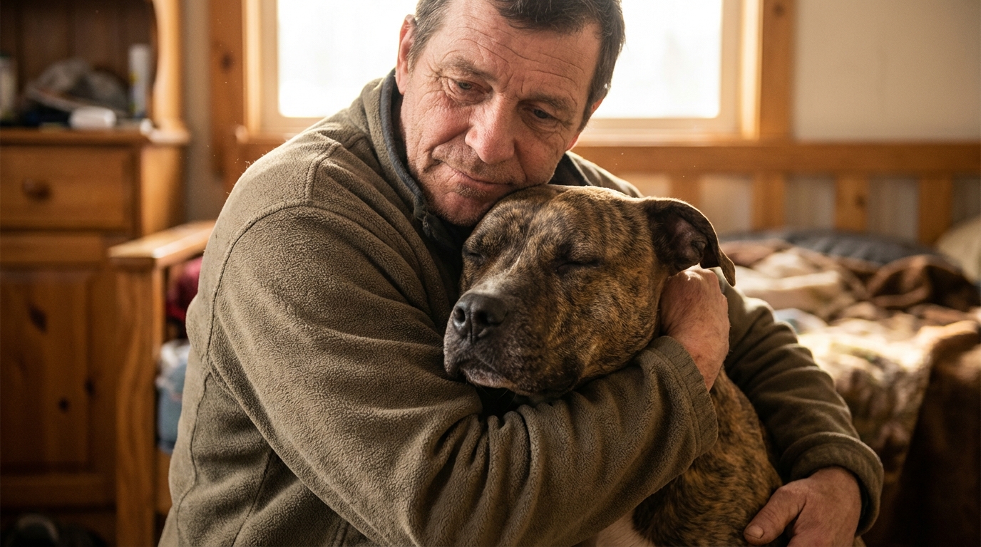 Une chienne de type Pitbull, visiblement émue, serre la tête contre l'épaule d'un homme qui la tient doucement dans ses bras.