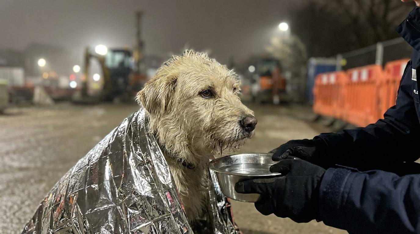 Une chienne au regard soulagé, blottie dans une couverture après avoir été secourée d'un bloc de béton par une équipe de sauveteurs.