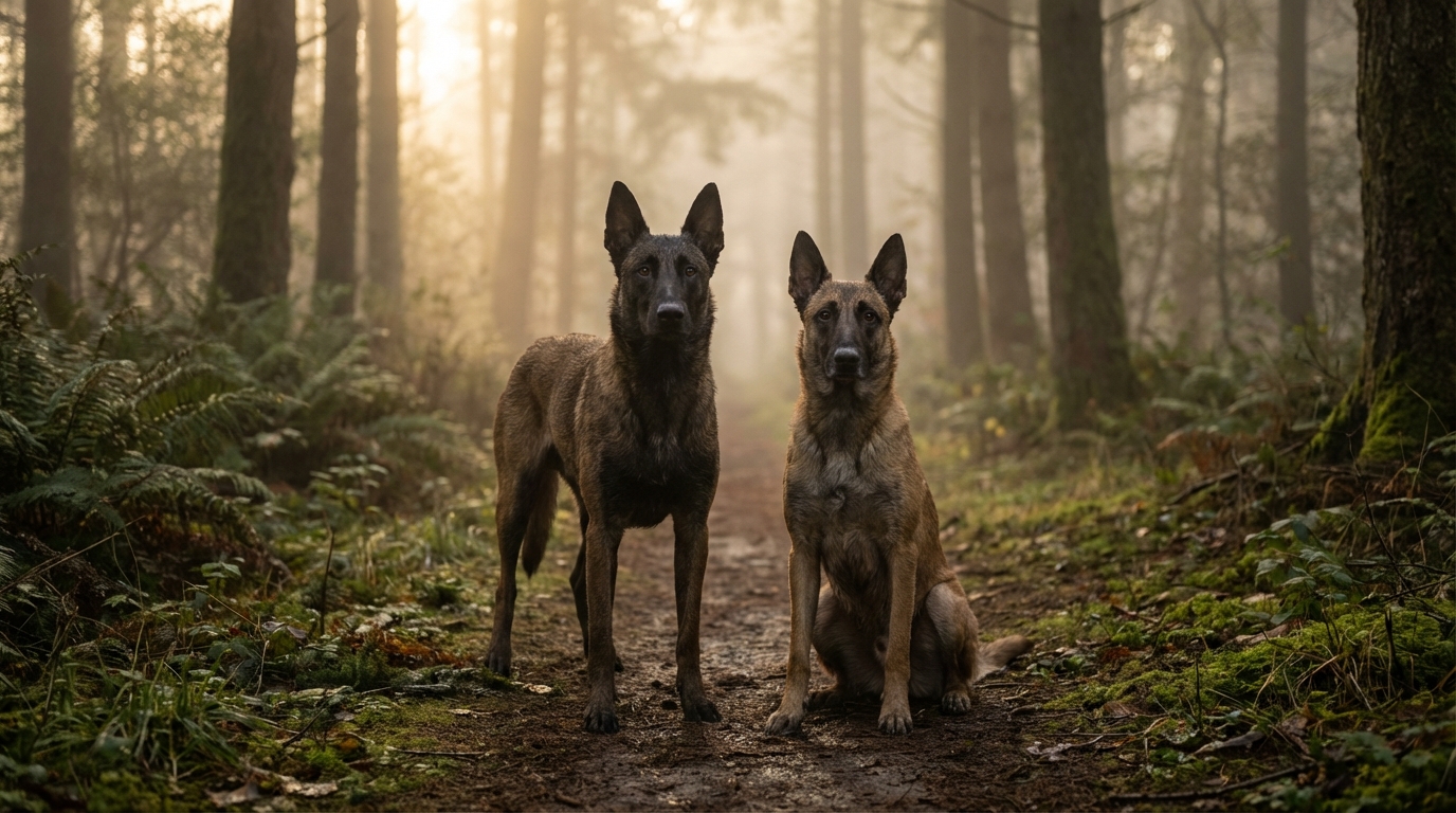 Deux chiens de race Malinois, l'air inquiet et perdu, se tiennent dans un sentier forestier brumeux au petit matin.