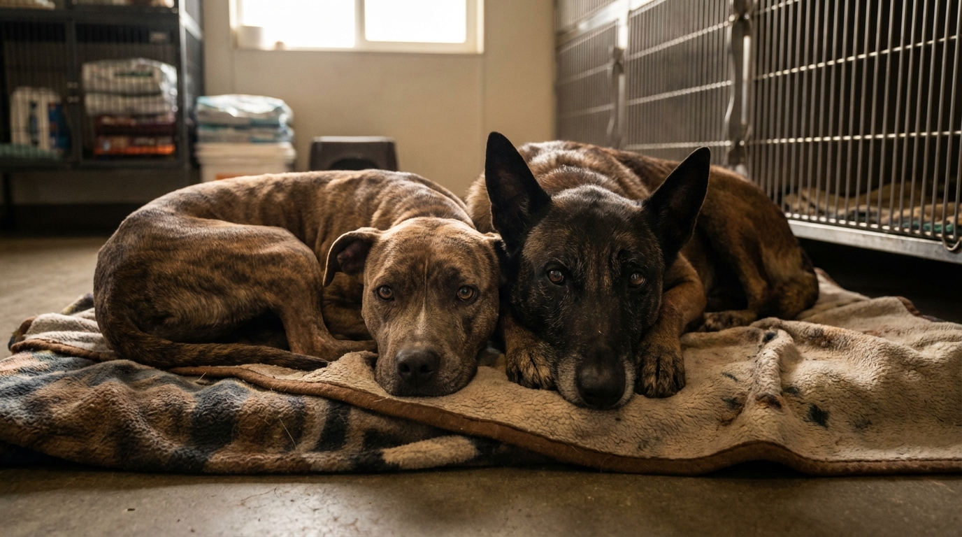 Un chien de type staff et un berger belge, visiblement maigres mais avec un regard plein d'espoir, se reposant dans un refuge.