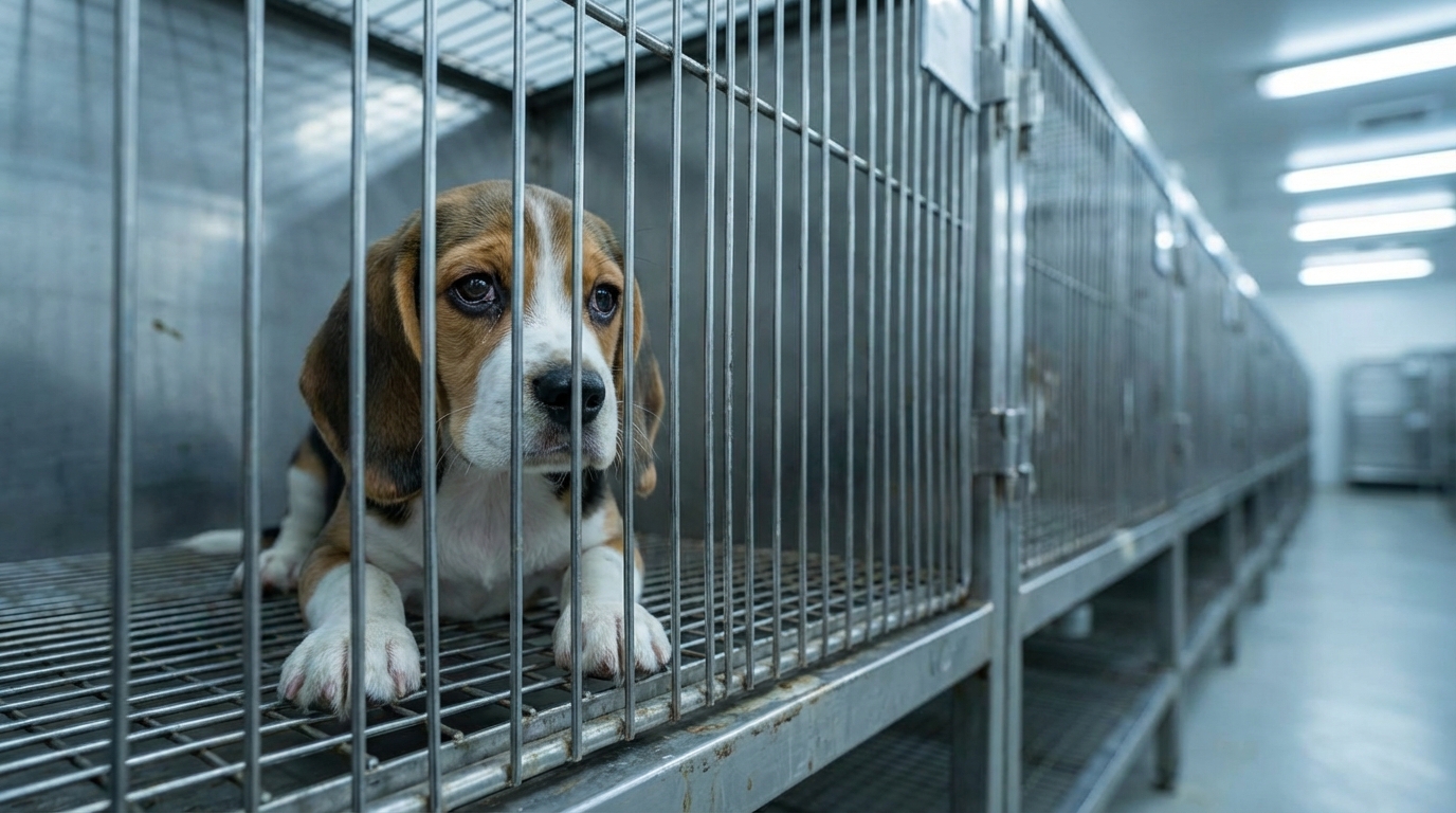 Un chiot beagle au regard triste est seul dans une cage métallique, symbole de l'expérimentation animale.