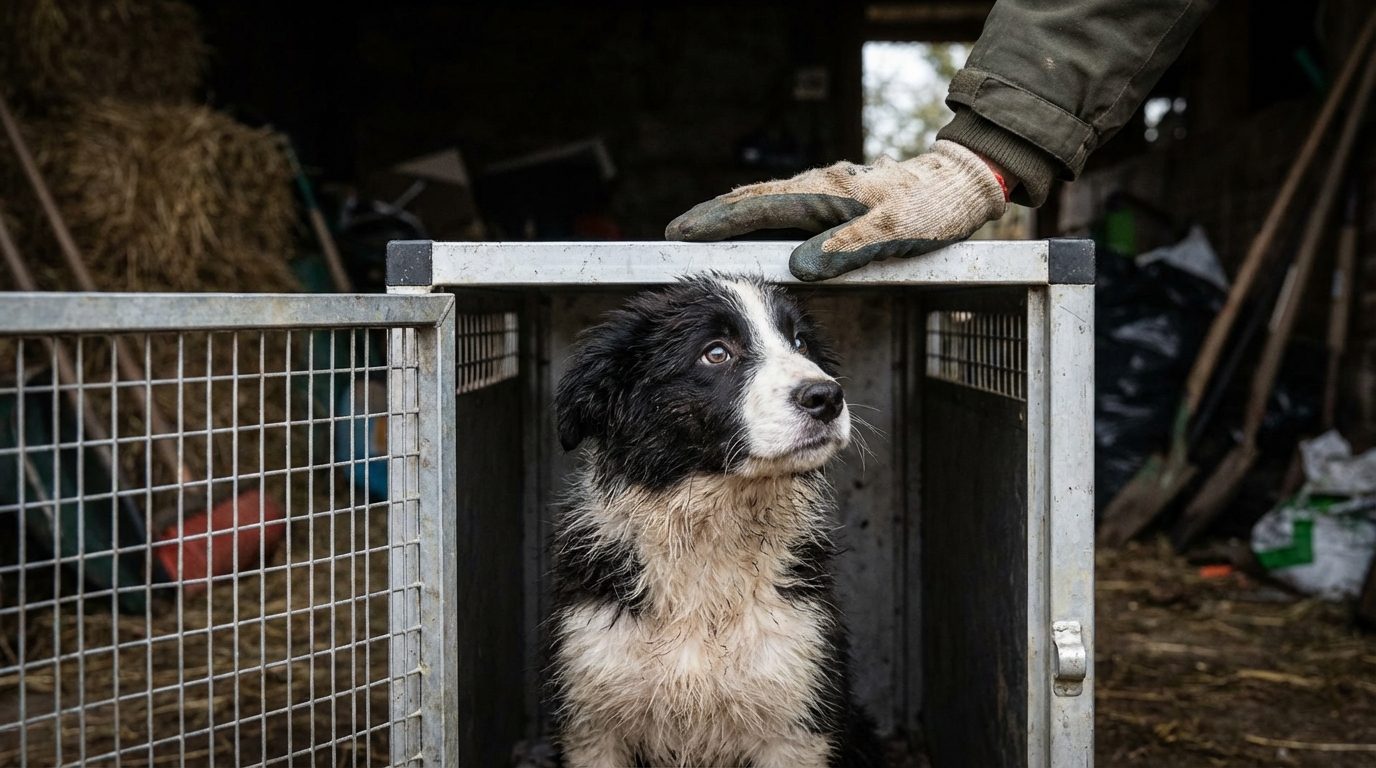 Un chiot border collie au regard triste regarde à travers les barreaux d'une cage, symbolisant le sauvetage d'un élevage indigne.