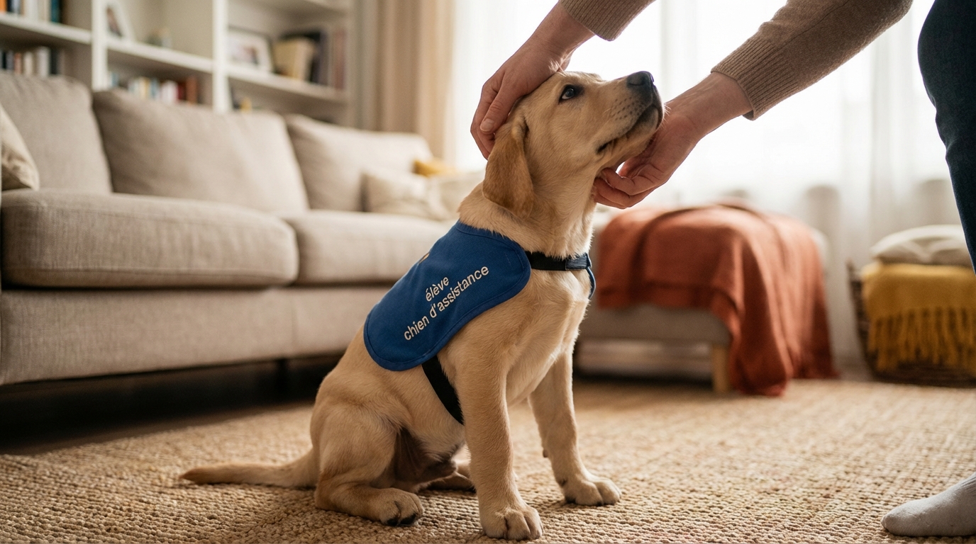 Un chiot Labrador couleur sable portant une cape bleue d'élève chien d'assistance regarde avec tendresse une personne dans un salon.
