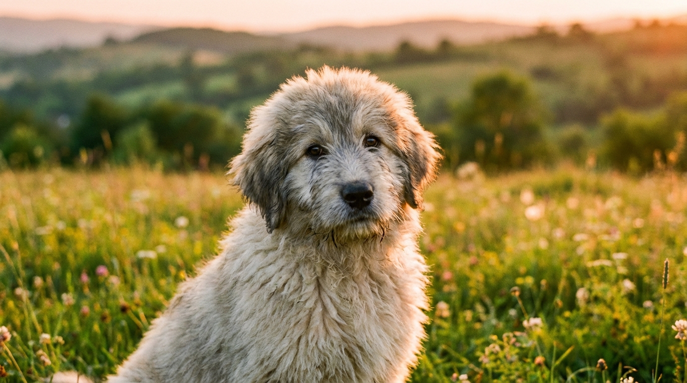 Un chiot chien de berger Mioritic assis dans l'herbe, illustrant le prix d'un chien de berger de race.