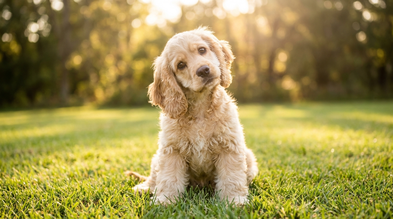 Un adorable chiot cocker anglais blond assis dans l'herbe, regardant la caméra avec des yeux doux et expressifs après son opération.