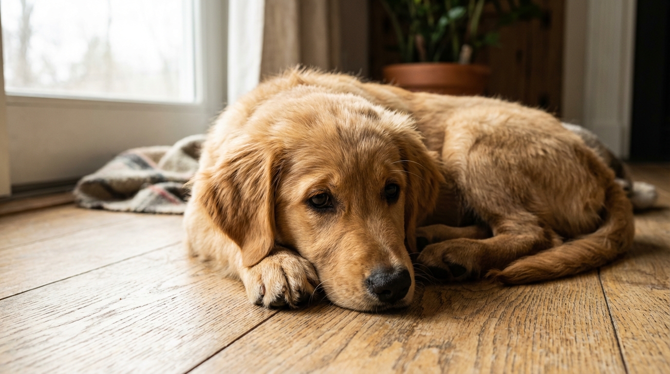 Un jeune chiot Golden Retriever au regard triste, couché sur un parquet, évoquant la douleur liée à la dysplasie de la hanche.