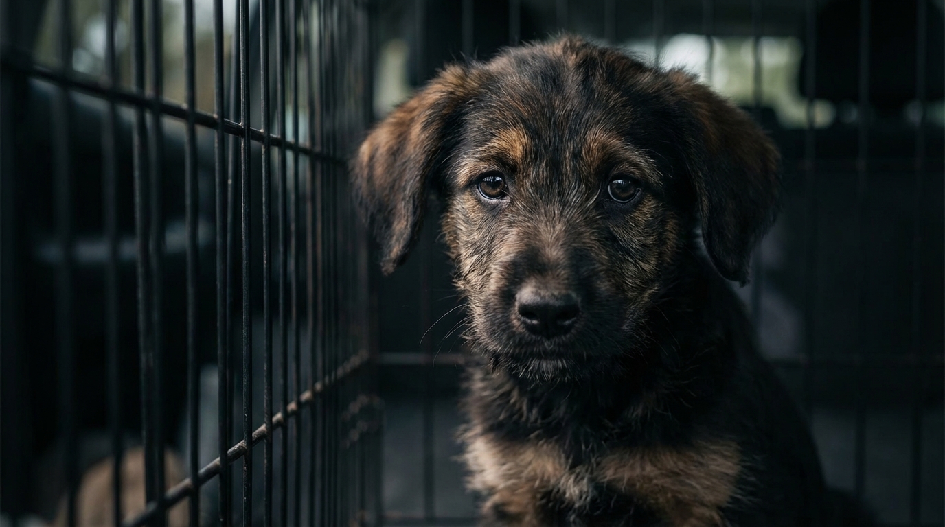Un jeune chiot au regard mélancolique derrière les barreaux d'une cage, illustrant le trafic animalier.
