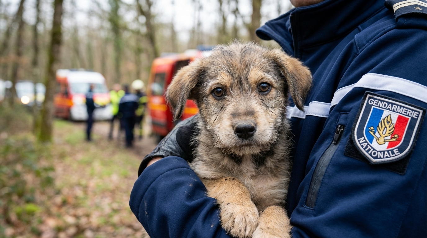 Un chiot au regard triste dans les bras d'un sauveteur après avoir été libéré d'un élevage clandestin, symbolisant l'espoir.