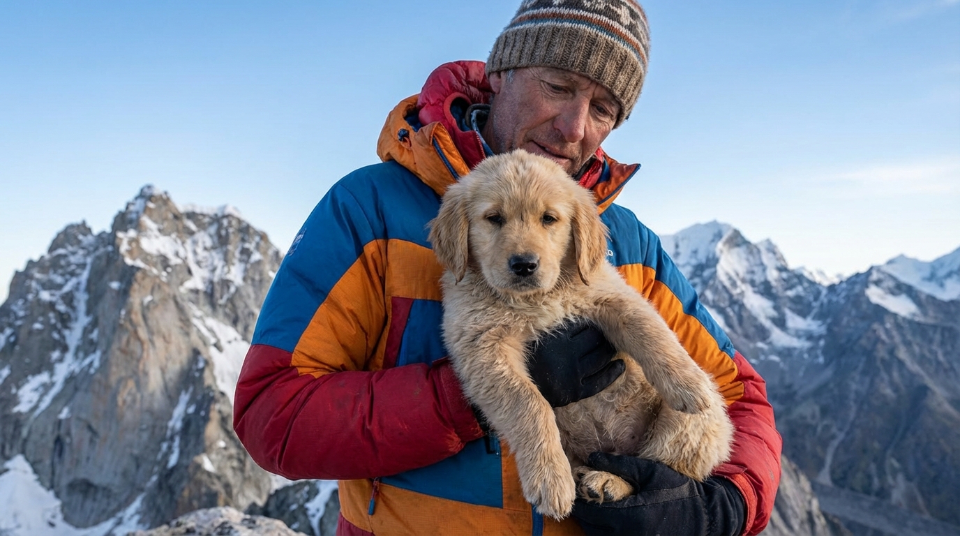 Un jeune chiot au regard ému, blotti dans les bras d'un alpiniste en tenue de montagne, avec un paysage de sommets rocheux en arrière-plan.