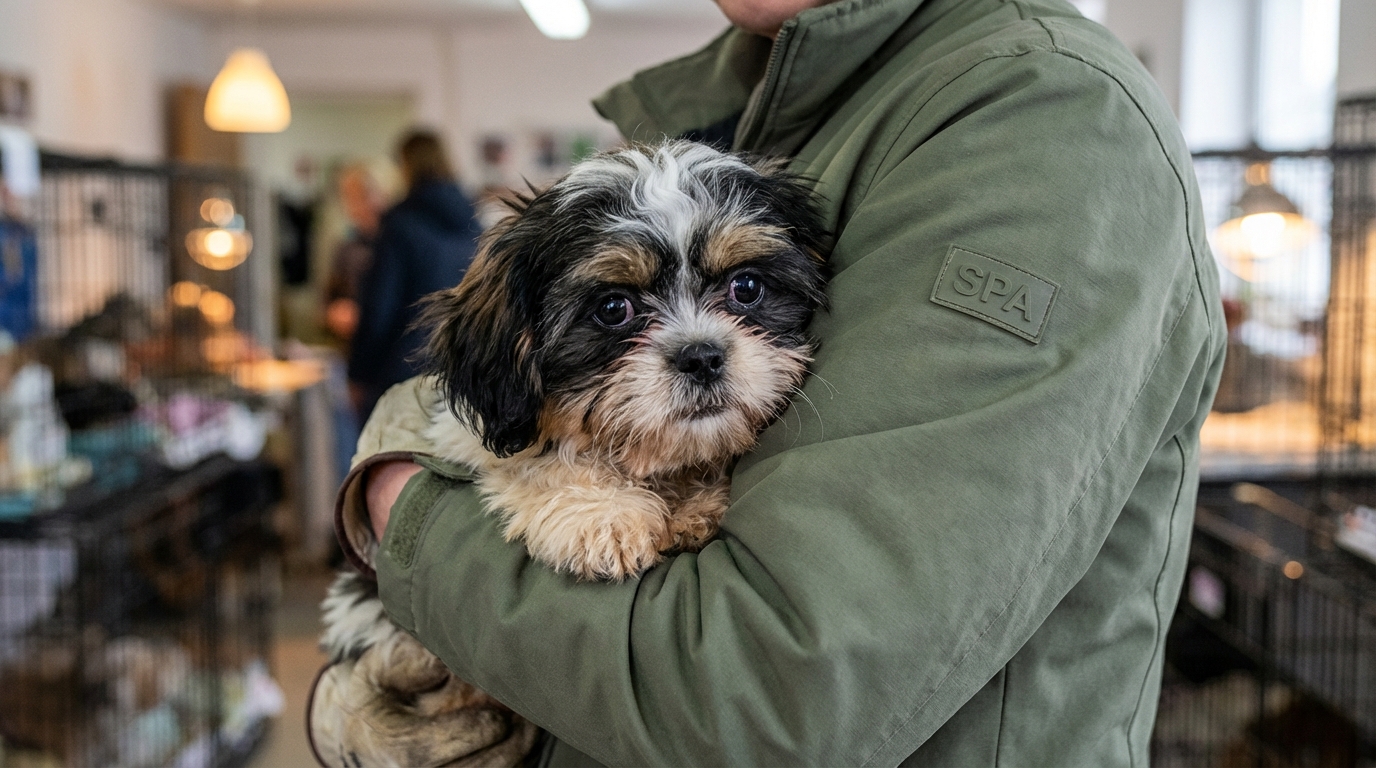 Un adorable chiot Shih Tzu au regard triste, blotti dans une couverture douce après son sauvetage par une association.