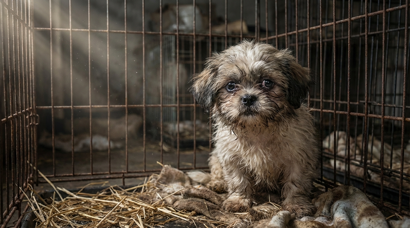 Un jeune chiot shih tzu au regard apeuré, assis seul dans une cage, symbolisant la tristesse de la maltraitance animale avant son sauvetage.