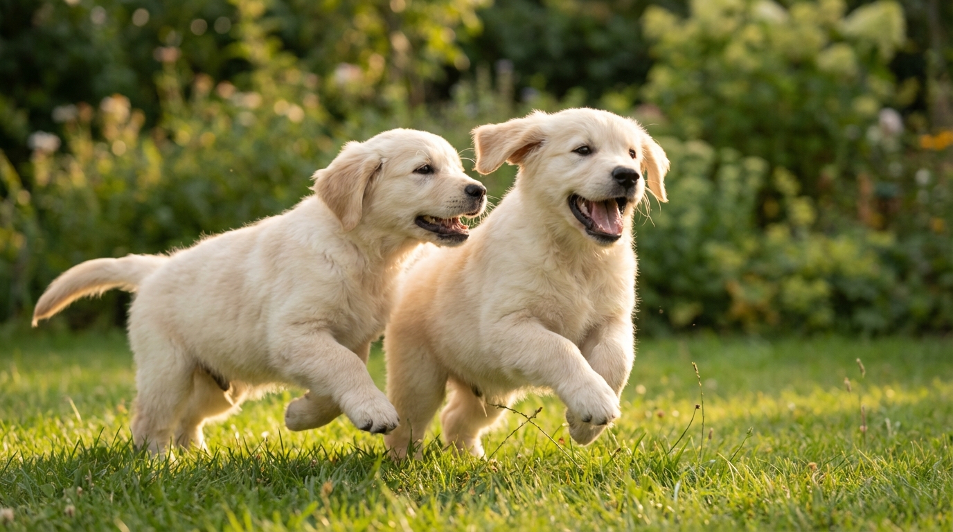 Deux adorables chiots Golden Retriever courent joyeusement dans un jardin verdoyant, symbole de leur formidable rétablissement après leur abandon.