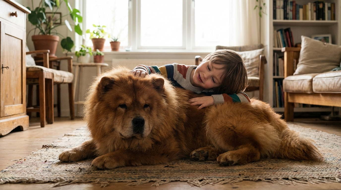 Un Chow Chow roux et moelleux interagissant calmement et gentiment avec un jeune enfant dans un salon familial.