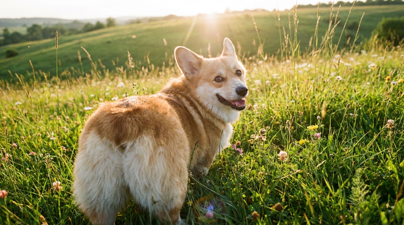 Un adorable chiot Welsh Corgi Pembroke cherchant un nom mignon, assis dans l'herbe au coucher du soleil.