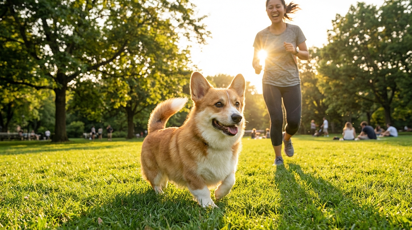 Corgi Pembroke heureux et dynamique trottinant dans un parc ensoleillé. Prévention obésité, conseils santé Corgi.