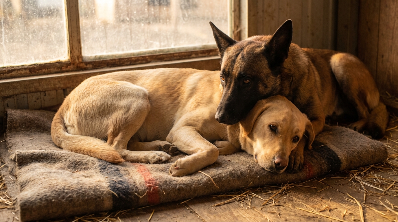 Un croisé labrador et un berger malinois se reposant côte à côte dans un refuge, montrant leur lien affectueux après leur sauvetage.
