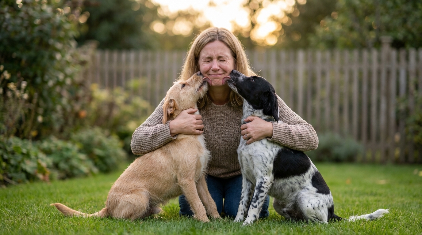 Une femme enlace tendrement ses deux chiens après les avoir retrouvés, un moment de pure joie et de soulagement dans un jardin.