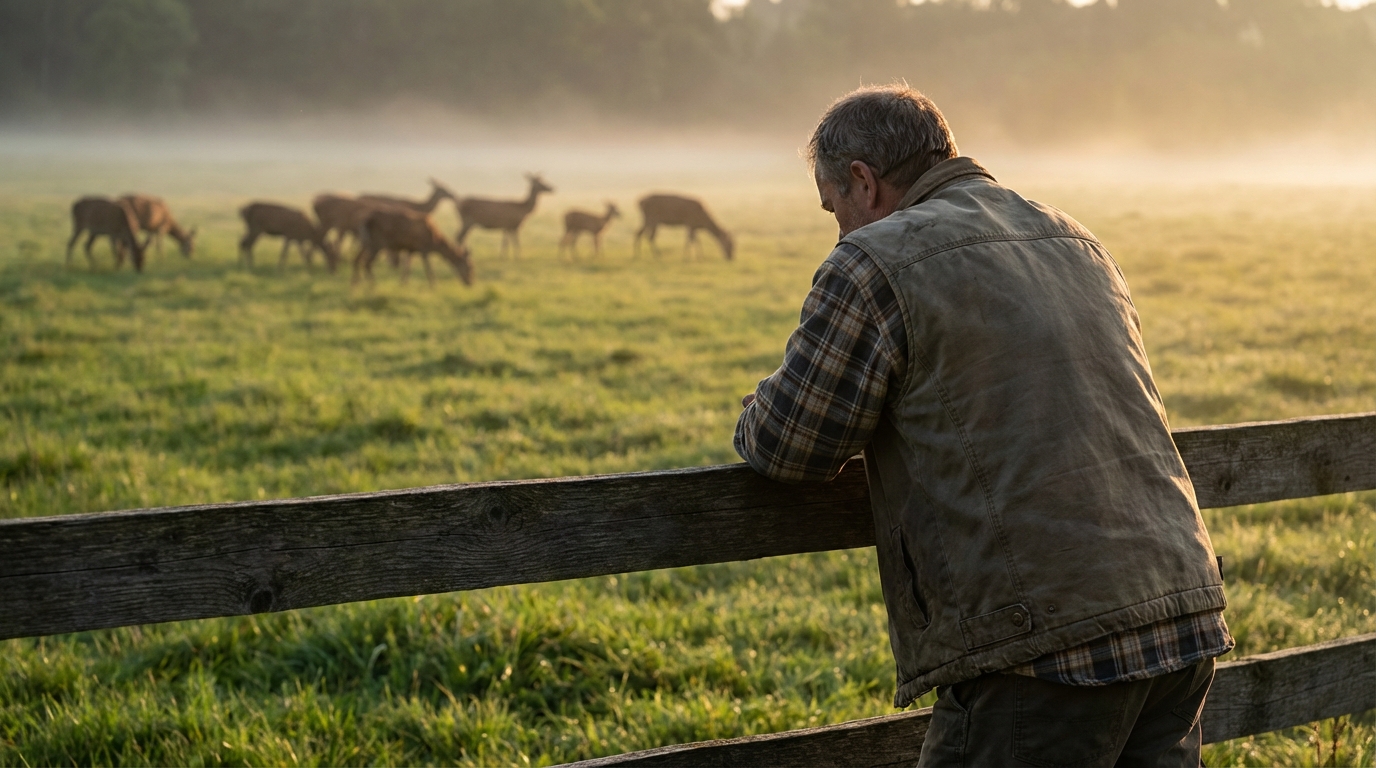 Un éleveur de cerfs regarde son bétail avec inquiétude, symbolisant le dilemme entre la protection de ses animaux et la vie d'un chien.