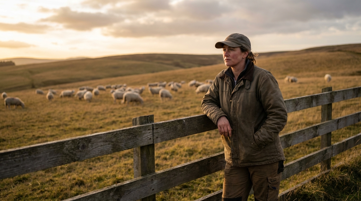 Une bergère pensive veillant sur son troupeau de brebis au crépuscule, illustrant la responsabilité et la détresse d'une éleveuse.