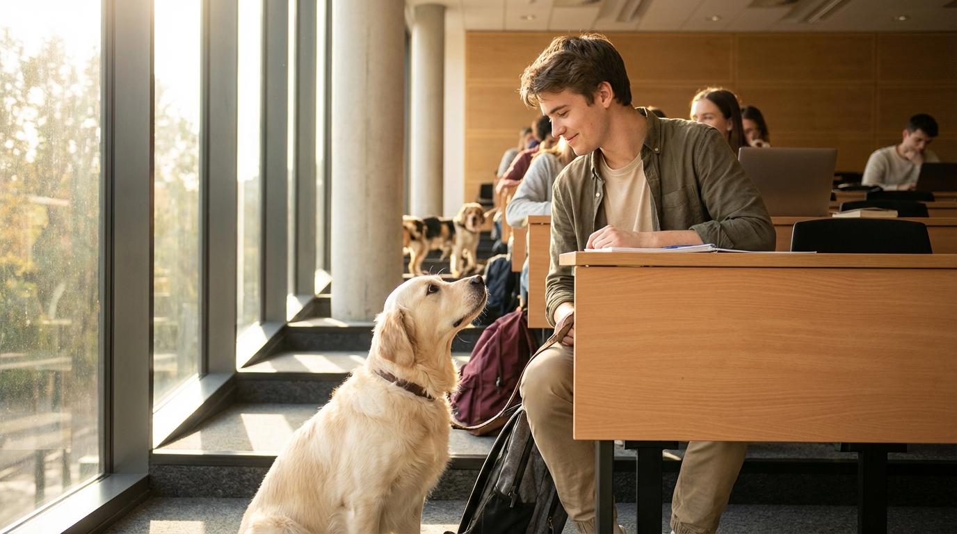 Un jeune étudiant souriant caresse son chien, un golden retriever, assis sagement à côté de lui dans un amphithéâtre universitaire moderne.