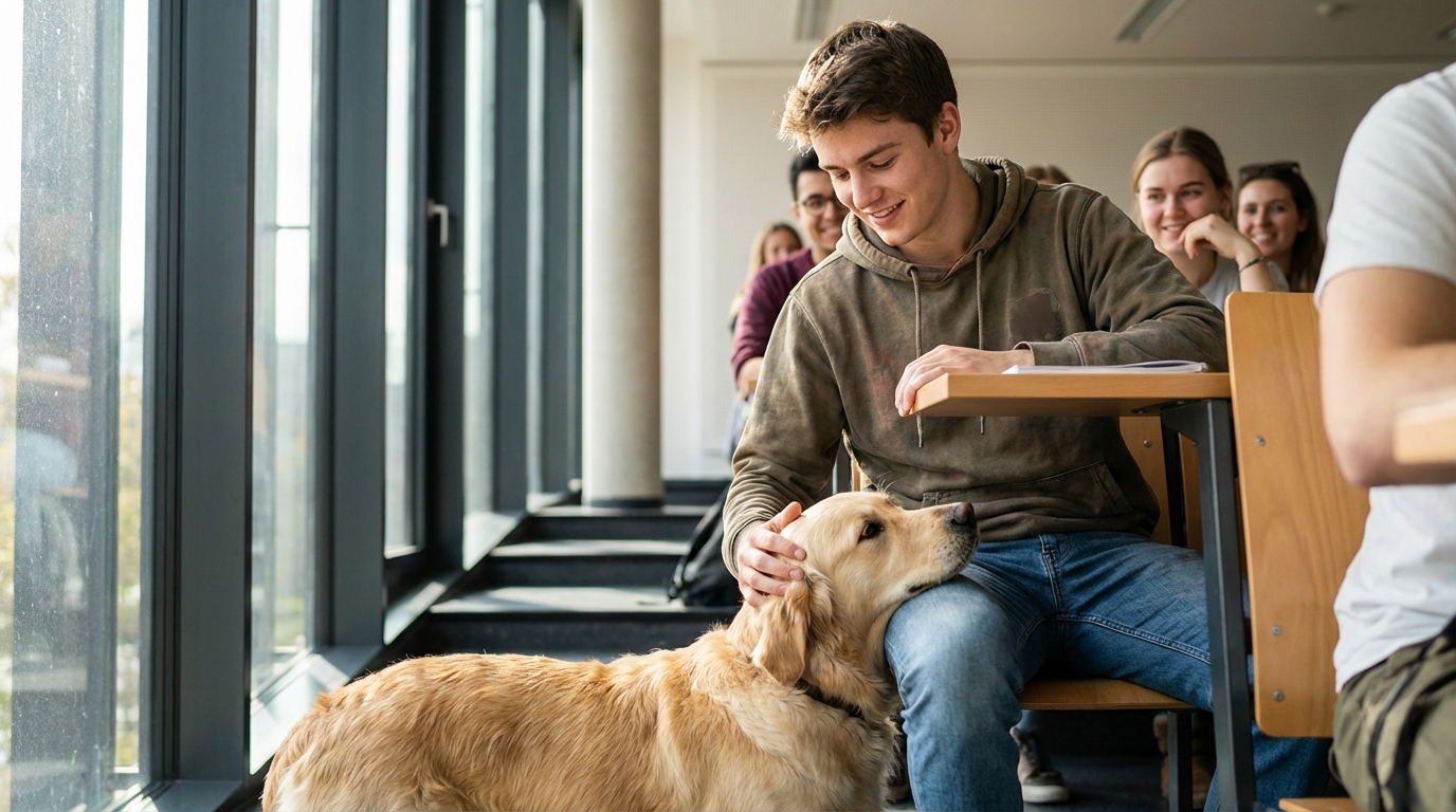 Un jeune étudiant souriant caresse son golden retriever assis sagement à côté de lui dans un amphithéâtre lumineux.