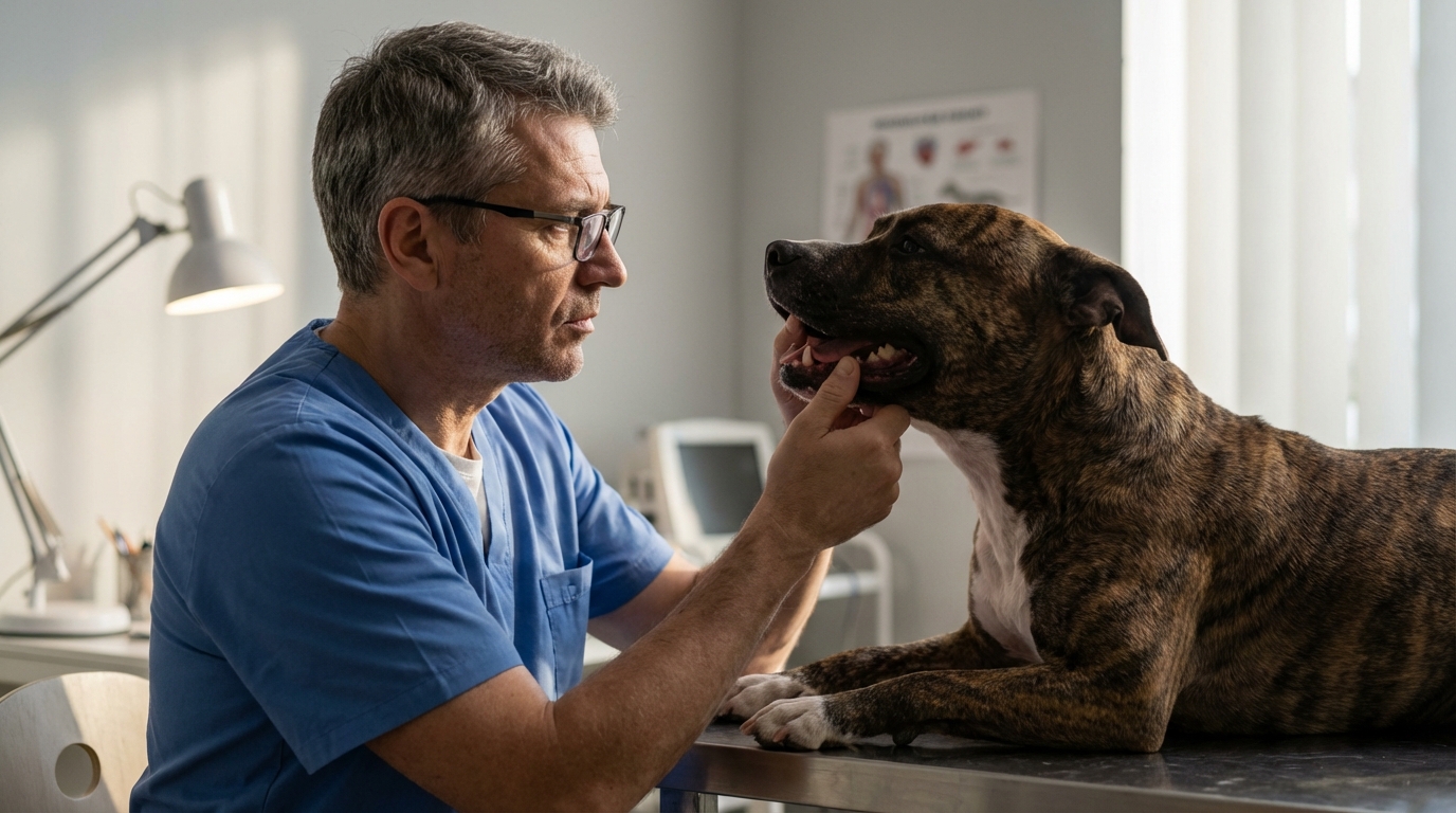 Un expert vétérinaire en blouse blanche examine avec attention la mâchoire d'un chien de type pitbull dans un bureau calme.