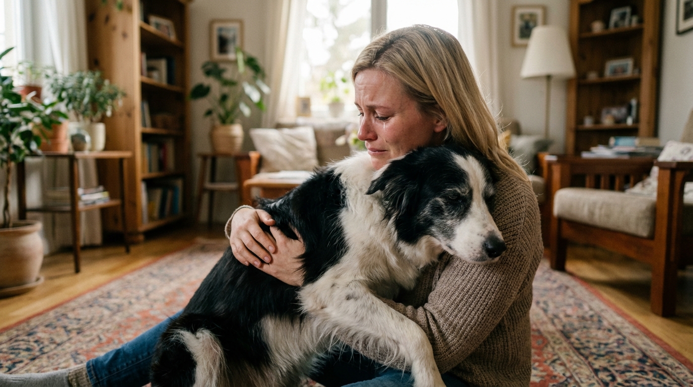 Une famille réconforte son chien malade dans un moment de tendresse et d'adieu, illustrant le deuil d'un animal de compagnie.