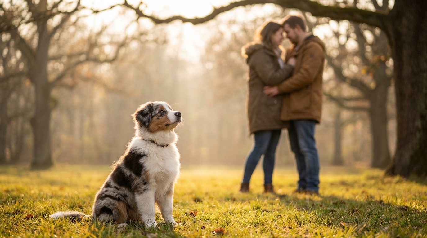 Un magnifique berger australien tricolore, Uki, assis joyeusement aux pieds de ses maîtres aimants dans un parc.