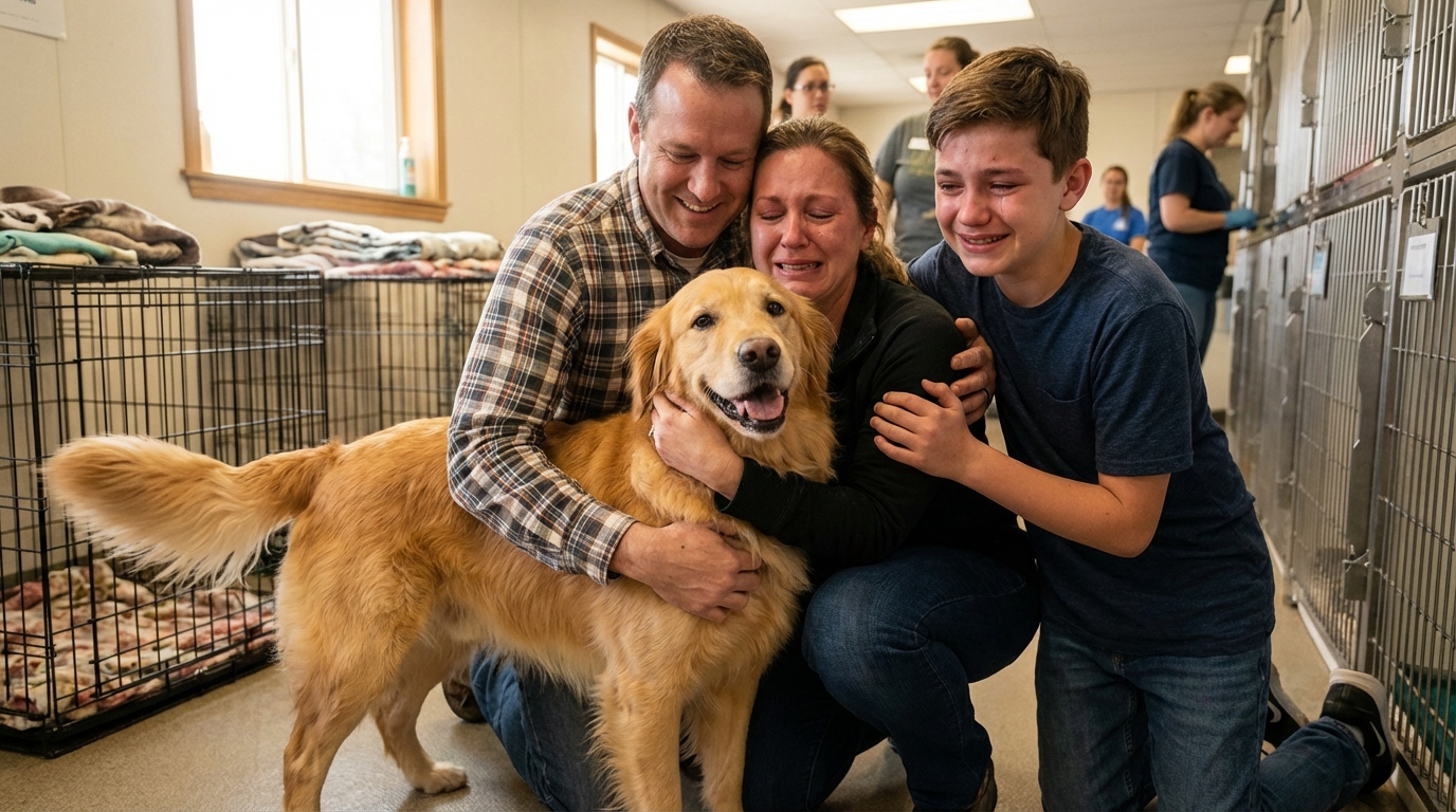 Un chien de type Golden Retriever est joyeusement enlacé par sa famille, un homme, une femme et un enfant, dans un refuge pour animaux.